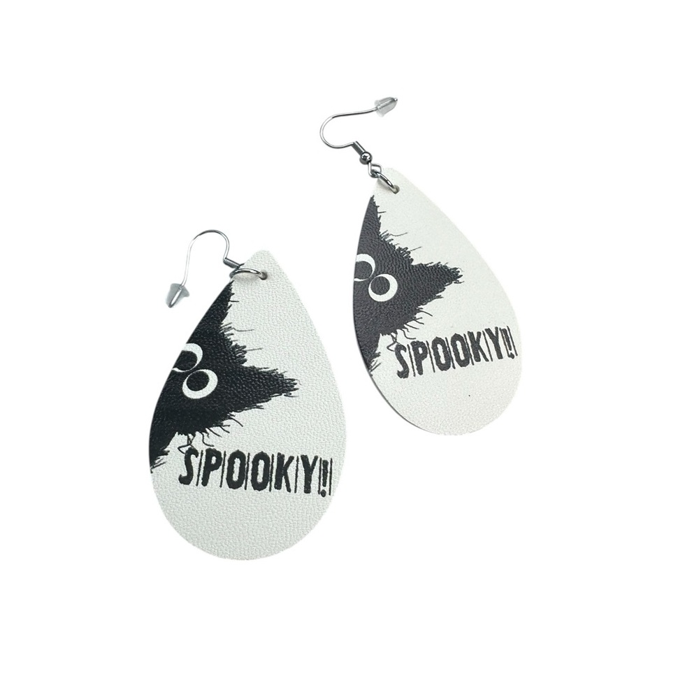 Spooky Black Cat Leather Teardrop Earrings